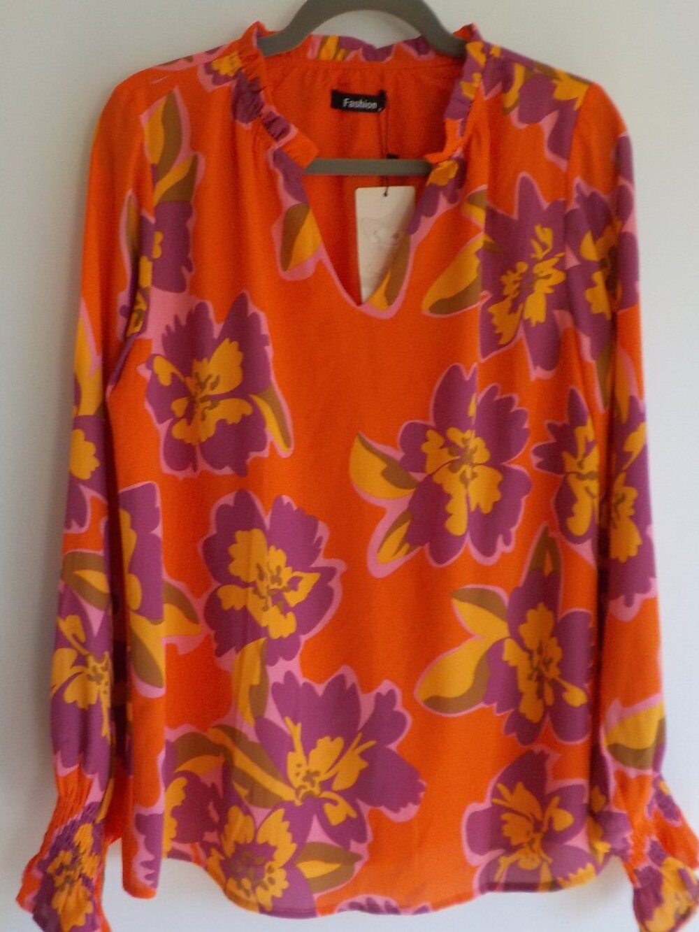 Fashion Blouse - Small - NWT Orange Flower Ruffle Long Sleeve (792)